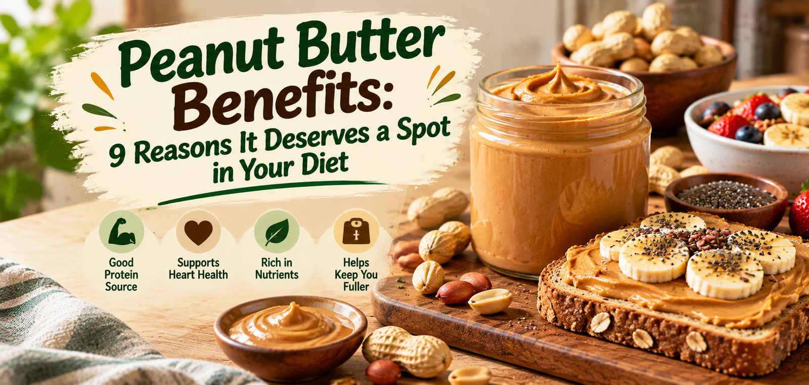 Peanut butter benefits - jar of natural peanut butter with a spoon and roasted peanuts